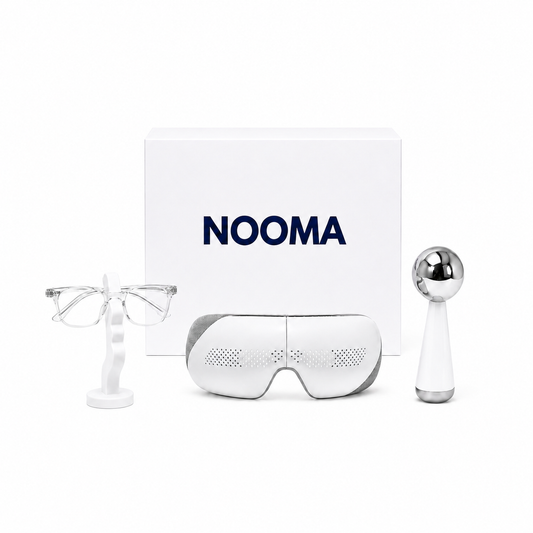 NOOMA REVA Focus Reset skincare kit with serum and moisturizer, featuring clean, natural ingredients for mental clarity and skin refreshment.